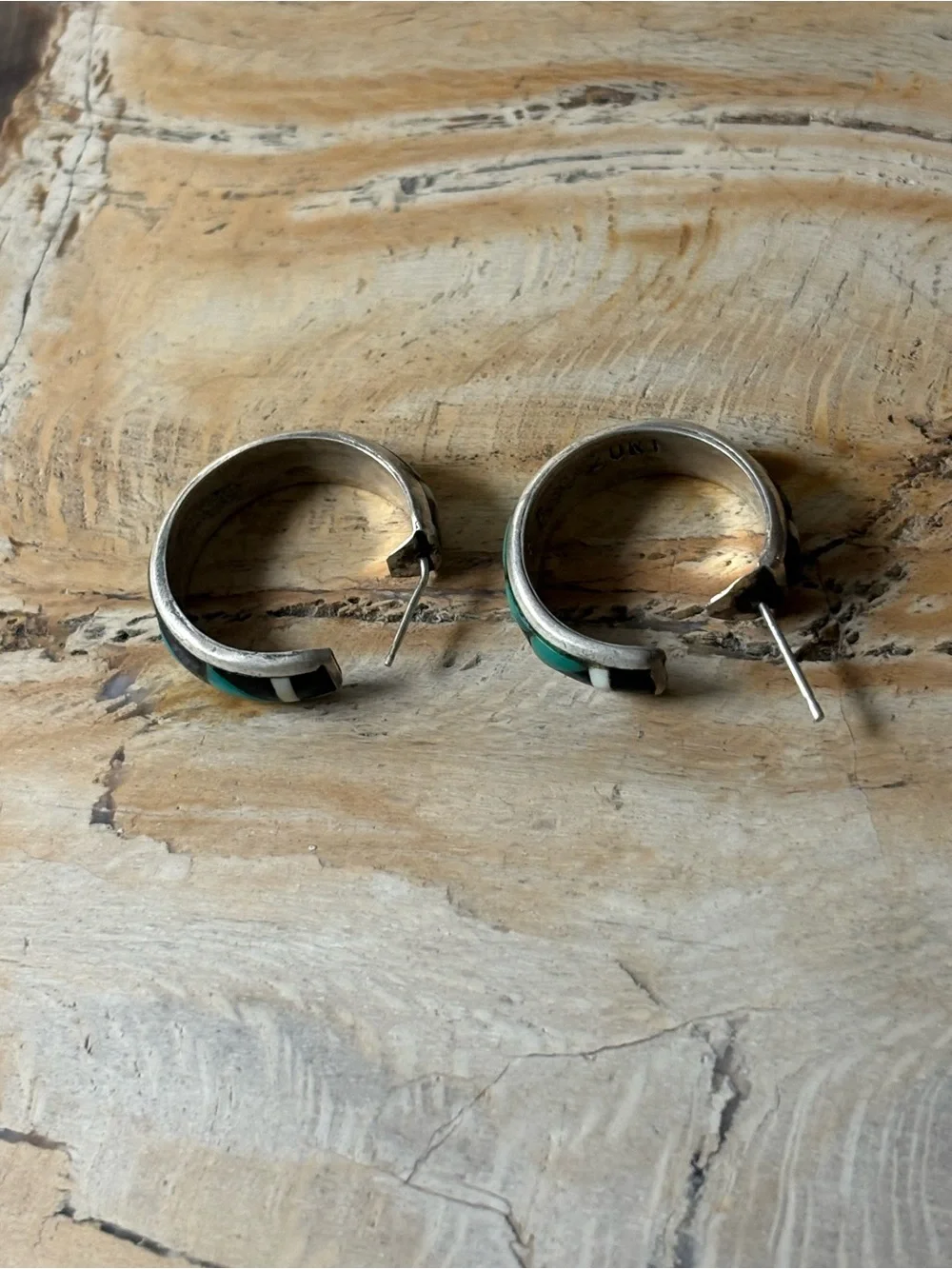 Sterling Silver Vintage Zuni Hoop Earrings with Turquoise, Coral & Black Inlay